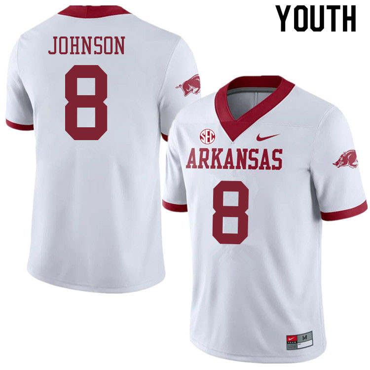 Youth #8 Jayden Johnson Arkansas Razorbacks College Football Jerseys Sale-Alternate White - Click Image to Close